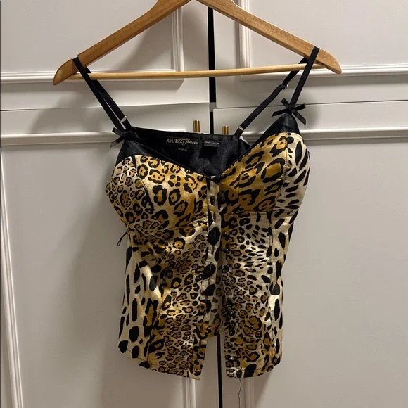 Guess Leopard Print Satin Corset Cami in Gold and Black - Picture 1 of 2